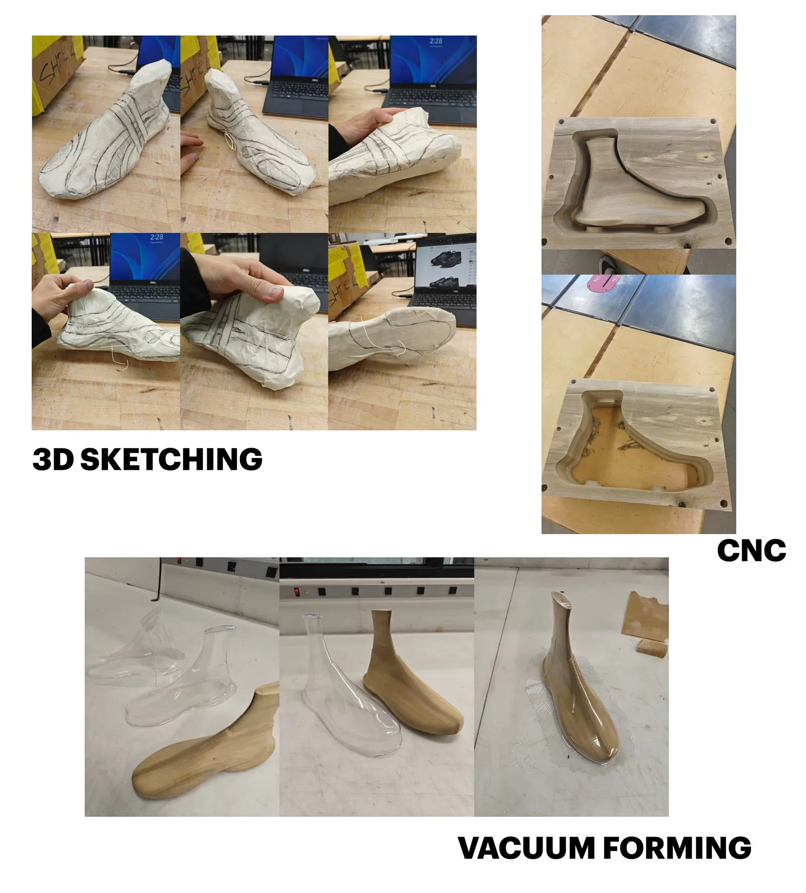 Pictures of the physical assembly process - 3D sketching, CNC and vacuum forming