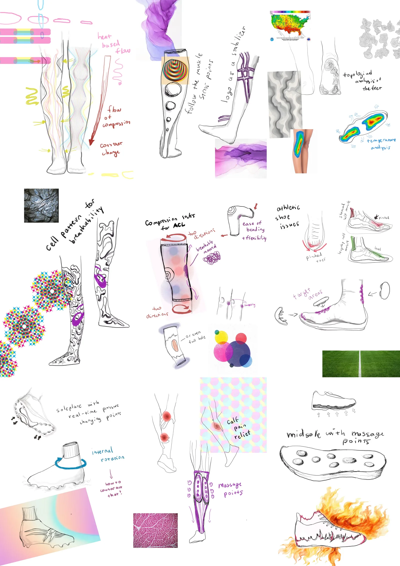 A large board of all the sketches done by Radovan for the final shoe