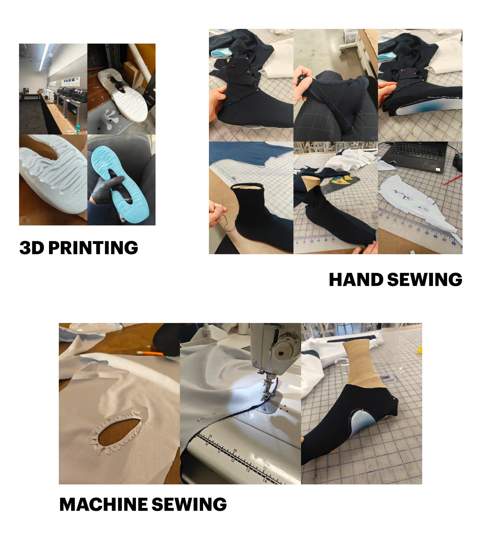 Pictures of the other parts of the physical prototype creation - 3D printing, hand sewing and machine sewing